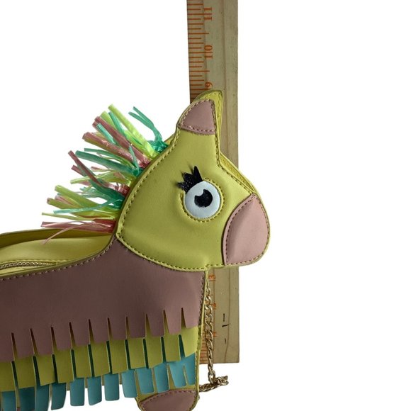 Piñata Donkey Handbag Shoulder Bag Pastel Rainbow Fringe 9"x8.5" Gold Chain - Picture 6 of 9